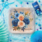Marine Blauw en Perzik Geschilderd Bloemen Huwelij Papieren Bordje (Feest)
