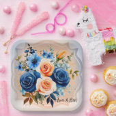 Marine Blauw en Perzik Geschilderd Bloemen Huwelij Papieren Bordje (Feest)