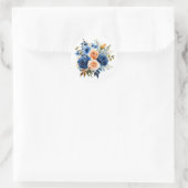 Marine Blauw en Perzik Geschilderd Bloemen Huwelij Ronde Sticker (Tas)