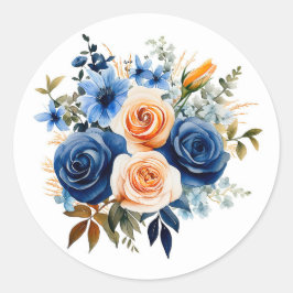Marine Blauw en Perzik Geschilderd Bloemen Huwelij Ronde Sticker