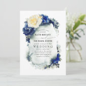 Marine Blauw en Primrose Geel Bloemen Boho Bruilof Kaart (Staand voorkant)