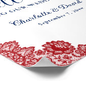 Marine Blauw en Rode Bloemen Kant Huwelijk Welkom  Poster (Hoek)
