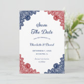 Marine Blauw en Rode Bloemen Kant Rustieke bruilof Save The Date (Staand voorkant)
