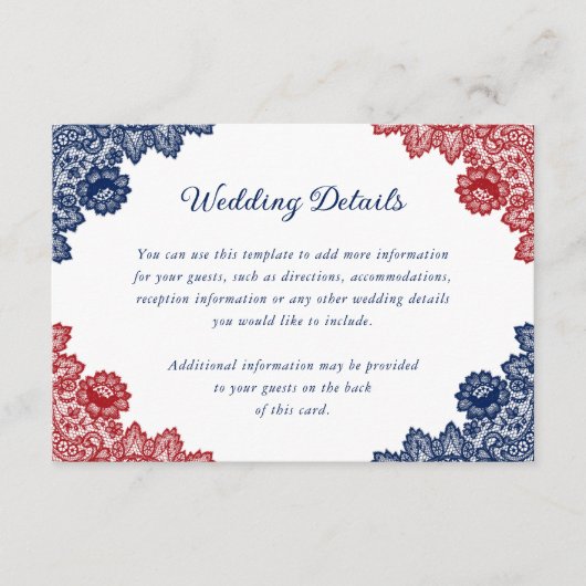 Marine Blauw en Rode Bloemen Kant Trouwdetails Informatiekaartje (Voorkant)