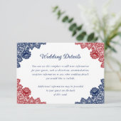 Marine Blauw en Rode Bloemen Kant Trouwdetails Informatiekaartje (Staand voorkant)