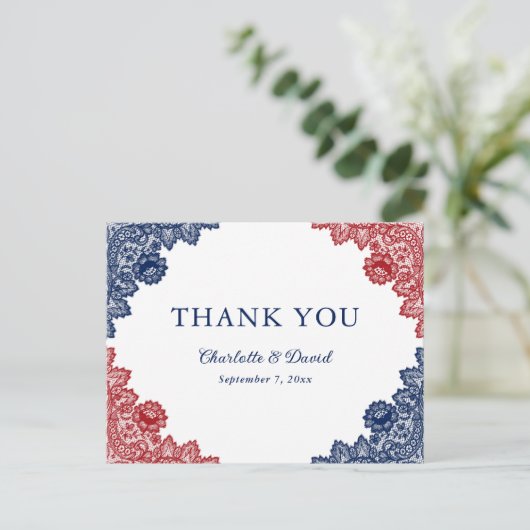 Marine Blauw en Rode Bloemen Kant Trouwen Dank U Briefkaart (Staand voorkant)