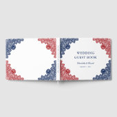 Marine Blauw en Rode Bloemen Kant Trouwen Gastenboek (Volledig)