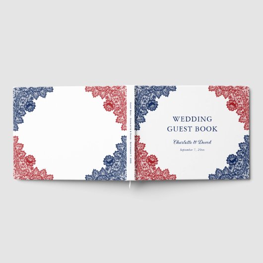 Marine Blauw en Rode Bloemen Kant Trouwen Gastenboek (Volledig)