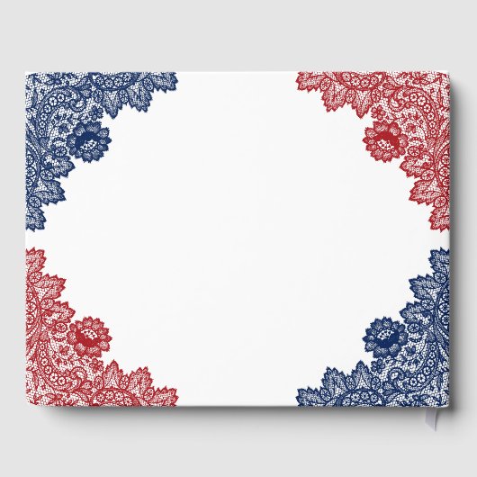 Marine Blauw en Rode Bloemen Kant Trouwen Gastenboek (Achterkant)