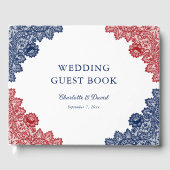 Marine Blauw en Rode Bloemen Kant Trouwen Gastenboek (Voorkant)