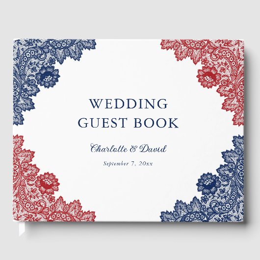 Marine Blauw en Rode Bloemen Kant Trouwen Gastenboek (Voorkant)