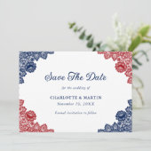Marine Blauw en Rode Bloemen Kant Trouwen Save The Date (Staand voorkant)
