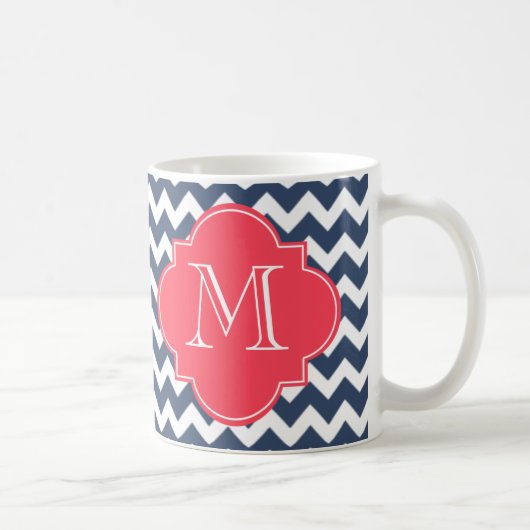 Marine Blauw en Rode Chevron Custom Monogram Koffiemok (Rechts)