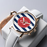 Marine Blauw en Rode Strepen Patroon Monogram Horloge<br><div class="desc">Het moderne en trendy ontwerp heeft een chique horizontale strepenpatroon en kan worden gepersonaliseerd met uw monogram, initialen, naam of een tekst naar keuze.</div>