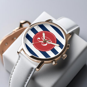 Marine Blauw en Rode Strepen Patroon Monogram Horloge