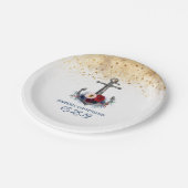 Marine blauw en rood bloemenanker nautische bruilo papieren bordje (Gekanteld)