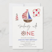 Marine Blauw en Rood Nautische Zeilboot 1e Verjaar Kaart (Voorkant)