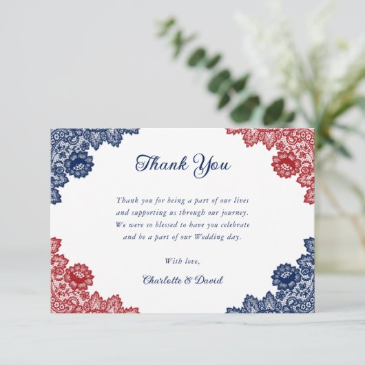 Marine Blauw en Rood Rustieke Bloemen Kant Trouwen Bedankkaart (Staand voorkant)