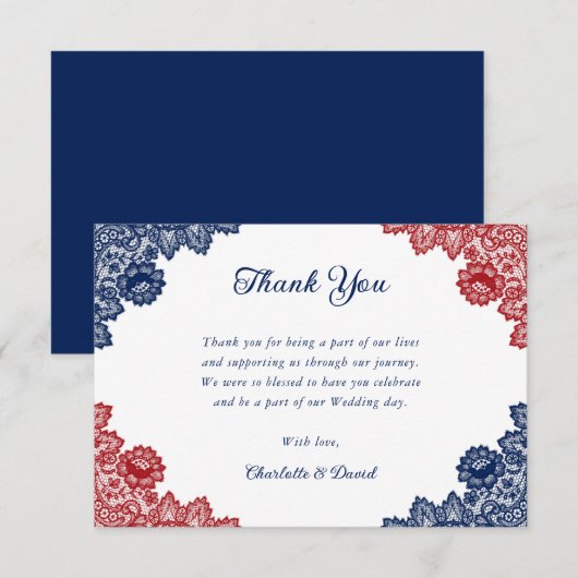 Marine Blauw en Rood Rustieke Bloemen Kant Trouwen Bedankkaart (Voorkant / Achterkant)