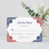 Marine Blauw en Rood Rustieke Bloemen Kant Trouwen RSVP Kaartje (Staand voorkant)