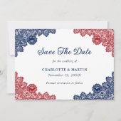 Marine Blauw en Rood Rustieke Bloemen Kant Trouwen Save The Date (Voorkant)