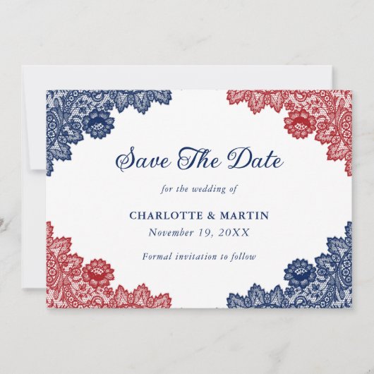 Marine Blauw en Rood Rustieke Bloemen Kant Trouwen Save The Date (Voorkant)