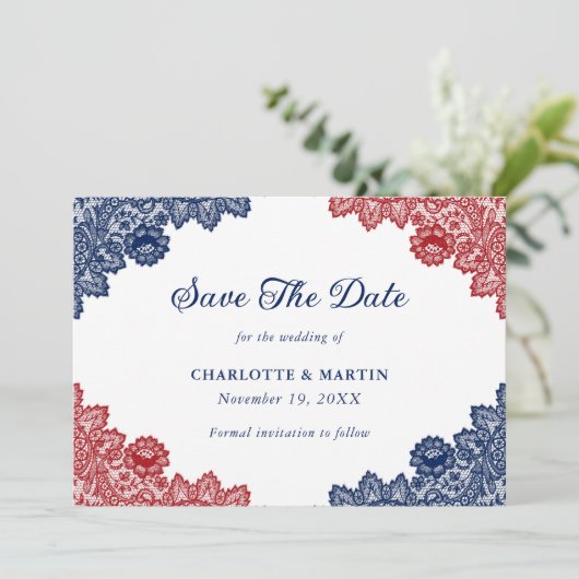 Marine Blauw en Rood Rustieke Bloemen Kant Trouwen Save The Date (Staand voorkant)