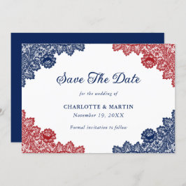 Marine Blauw en Rood Rustieke Bloemen Kant Trouwen Save The Date