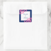 Marine Blauw en Roze Bloeiende Swirls Bruiloft Vierkante Sticker (Tas)