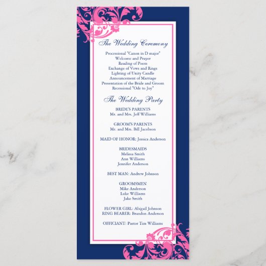 Marine Blauw en Roze Bloeiende wervelingen Wedding Programmakaart (Achterkant)
