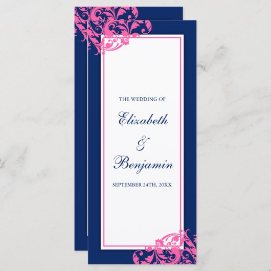 Marine Blauw en Roze Bloeiende wervelingen Wedding Programmakaart (Voorkant / Achterkant)