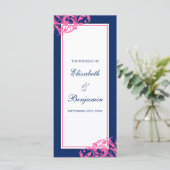 Marine Blauw en Roze Bloeiende wervelingen Wedding Programmakaart (Staand voorkant)