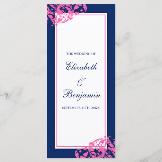 Marine Blauw en Roze Bloeiende wervelingen Wedding Programmakaart (Voorkant)