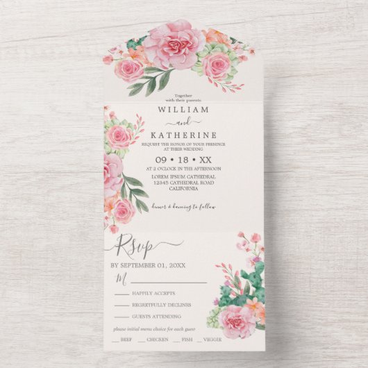 Marine Blauw en roze bloemen Budget Huwelijk All In One Uitnodiging (Binnen)