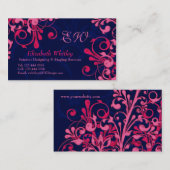 Marine Blauw en Roze Bloemen Business Card Templat Visitekaartje (Voorkant / Achterkant)