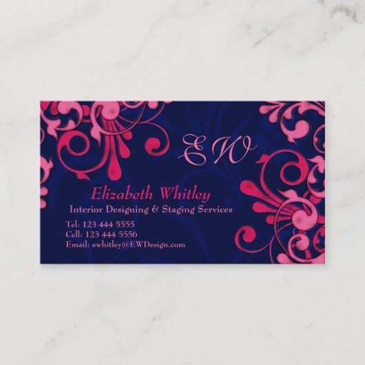 Marine Blauw en Roze Bloemen Business Card Templat Visitekaartje (Voorkant)