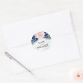 Marine Blauw en Roze Bloemen Elegant Modern Ronde Sticker (Envelop)
