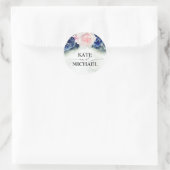 Marine Blauw en Roze Bloemen Elegant Modern Ronde Sticker (Tas)