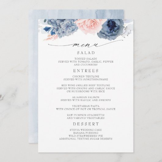 Marine Blauw en Roze Bloemen Modern Bruiloft Menu (Voorkant / Achterkant)