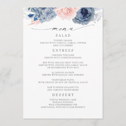 Marine Blauw en Roze Bloemen Modern Bruiloft Menu (Voorkant)