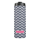 Marine blauw en roze Chevron Monogram Thermosbeker (Voorkant)