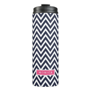 Marine blauw en roze Chevron Monogram Thermosbeker