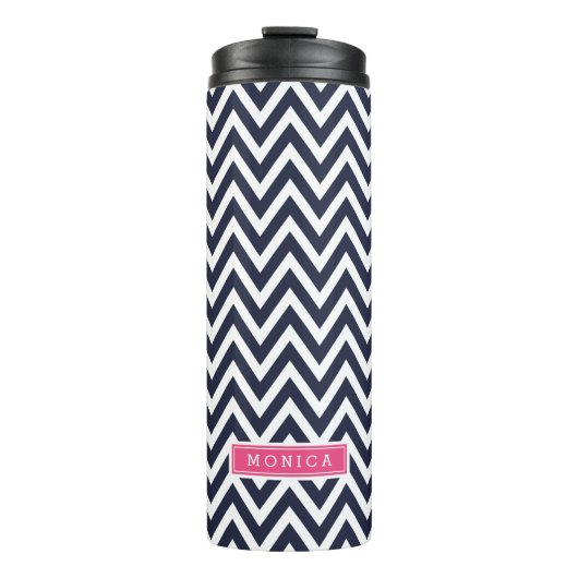 Marine blauw en roze Chevron Monogram Thermosbeker (Voorkant)