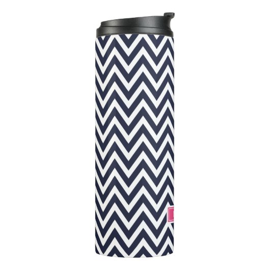 Marine blauw en roze Chevron Monogram Thermosbeker (Gedraaid links)