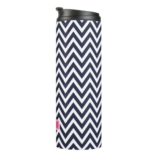 Marine blauw en roze Chevron Monogram Thermosbeker (Geroteerd rechts)