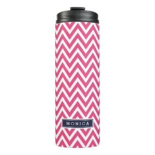 Marine blauw en roze Chevron Monogram Thermosbeker