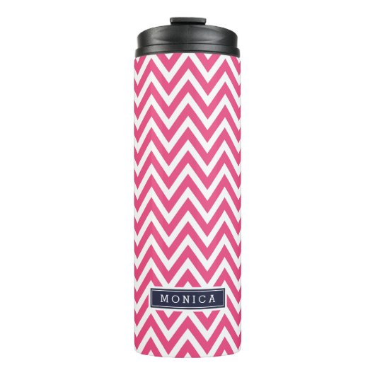 Marine blauw en roze Chevron Monogram Thermosbeker (Voorkant)