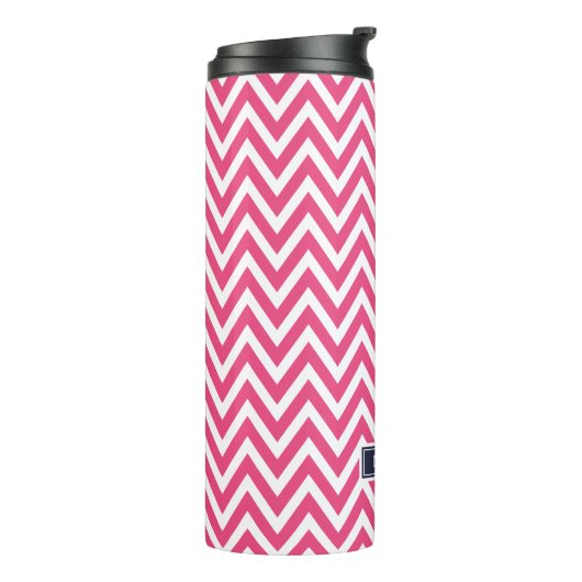 Marine blauw en roze Chevron Monogram Thermosbeker (Gedraaid links)
