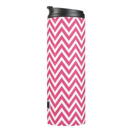 Marine blauw en roze Chevron Monogram Thermosbeker (Geroteerd rechts)
