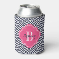 Marine Blauw en Roze Griekse Sleutel Monogram